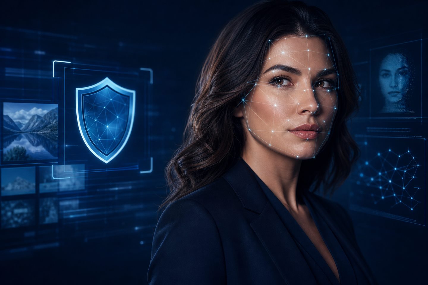 A model’s face with subtle recognition landmarks and a digital protection shield.